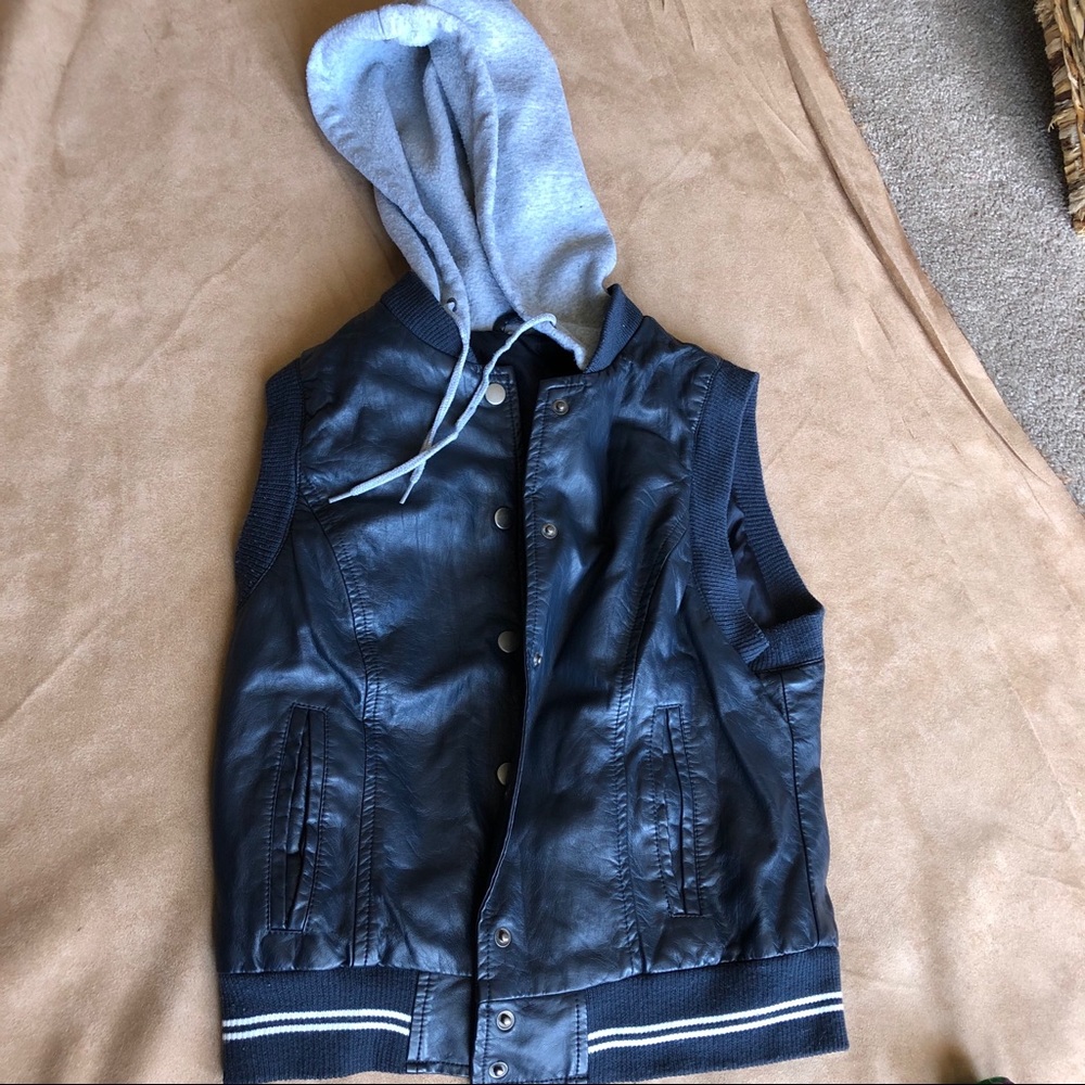 Faux leather hooded navy blue vest